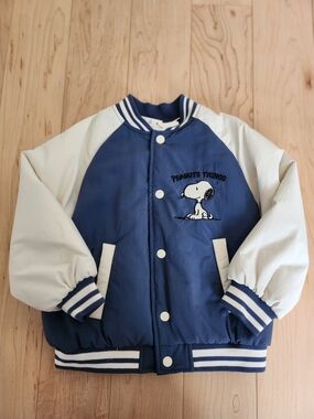 Zara Navy & Cream Peanuts Snoopy Insulated Varsity Jacket, Size 4